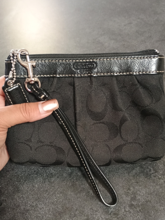 Coach Handbags - Coach Black Signature Canvas Wristlet with Leather Trim